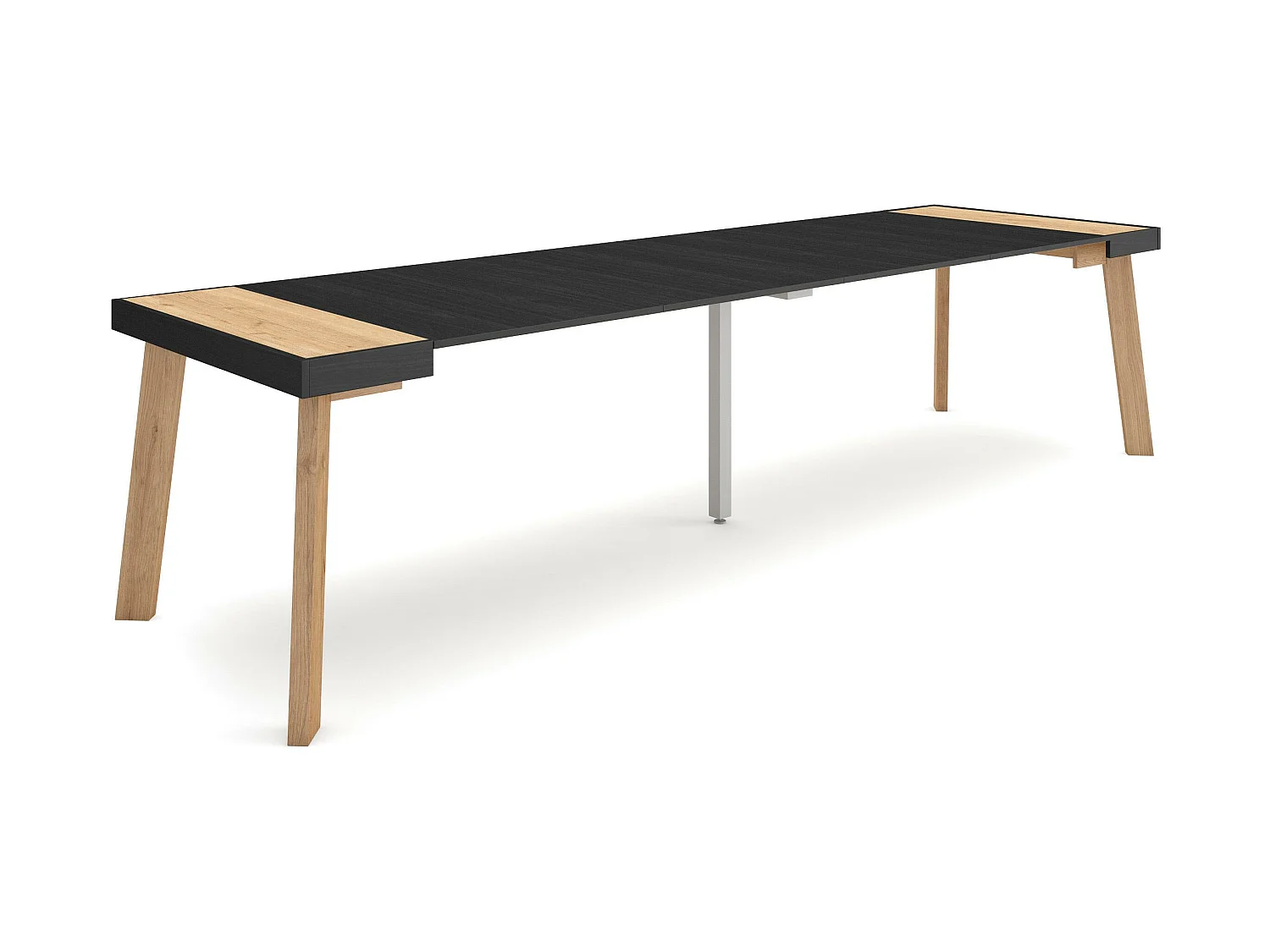 Table console extensible, 302x90x73cm, Pour 14 personnes, Pieds en bois, Chêne et noir