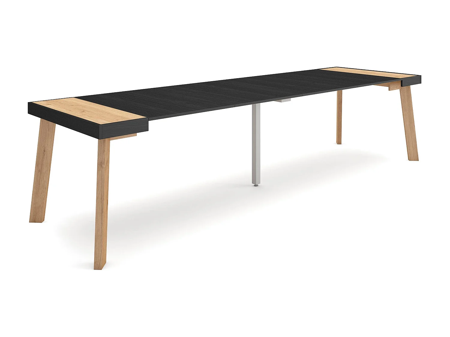 Mesa Consola extensible, 302x90x73cm, Para 14 comensales, Patas de madera, Roble y negro