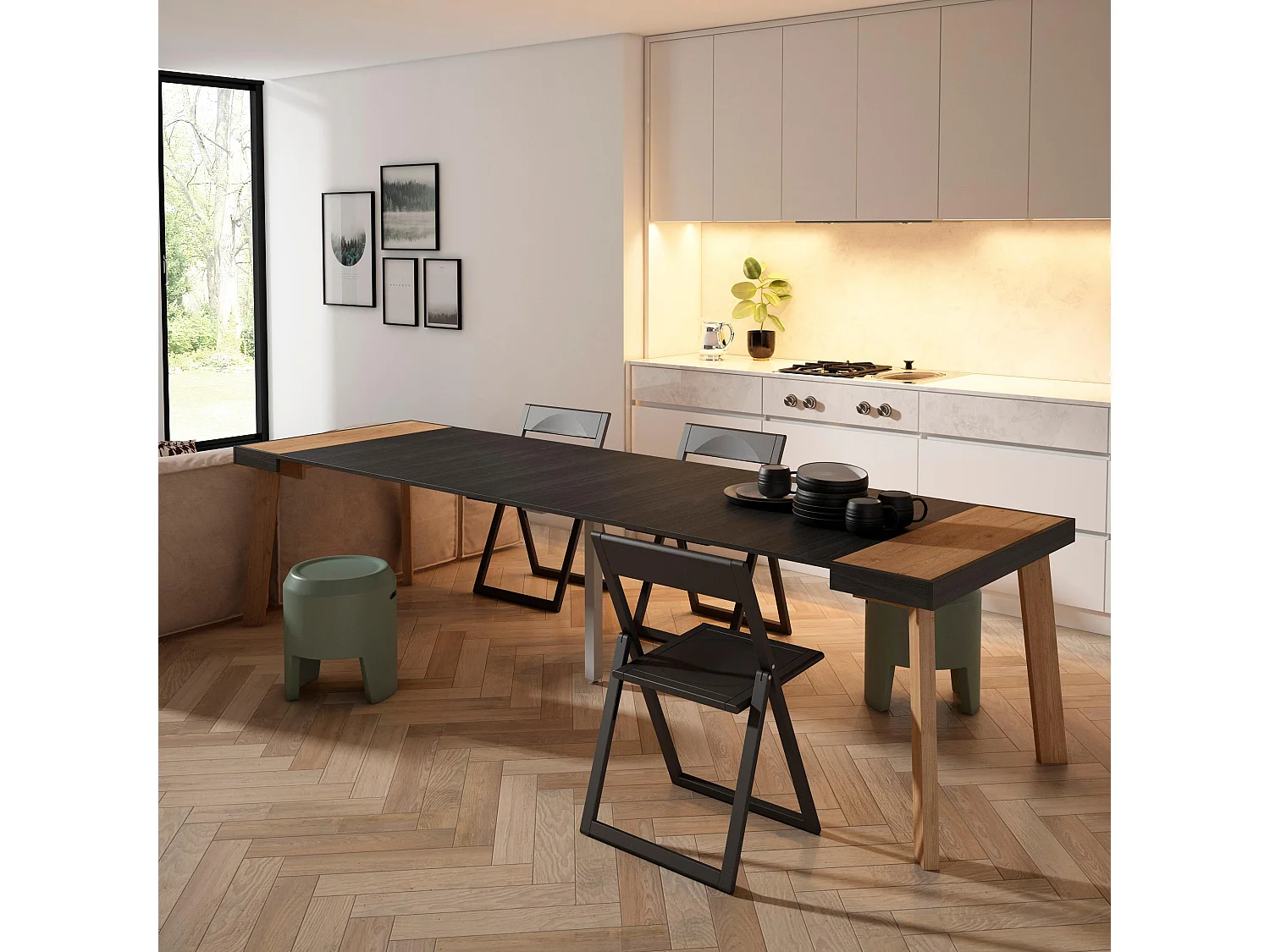 Table console extensible, 302x90x73cm, Pour 14 personnes, Pieds en bois, Chêne et noir