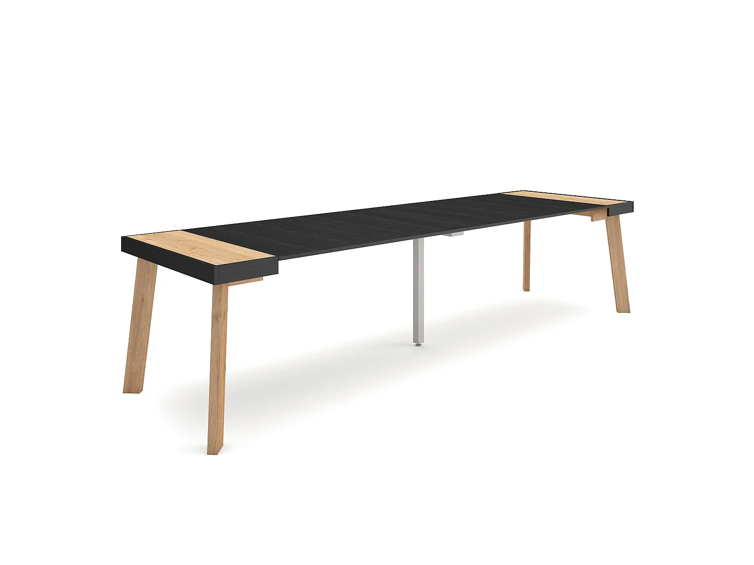 Table console extensible, 302x90x73cm, Pour 14 personnes, Pieds en bois, Chêne et noir