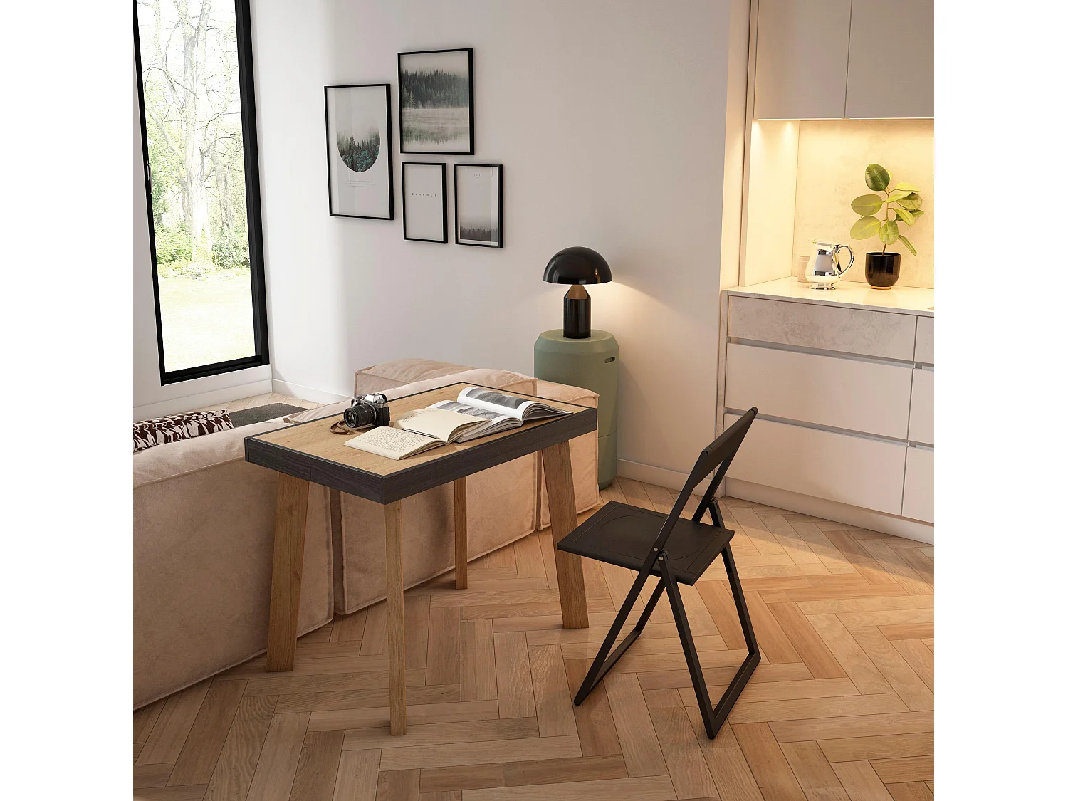 Table console extensible, 302x90x73cm, Pour 14 personnes, Pieds en bois, Chêne et noir