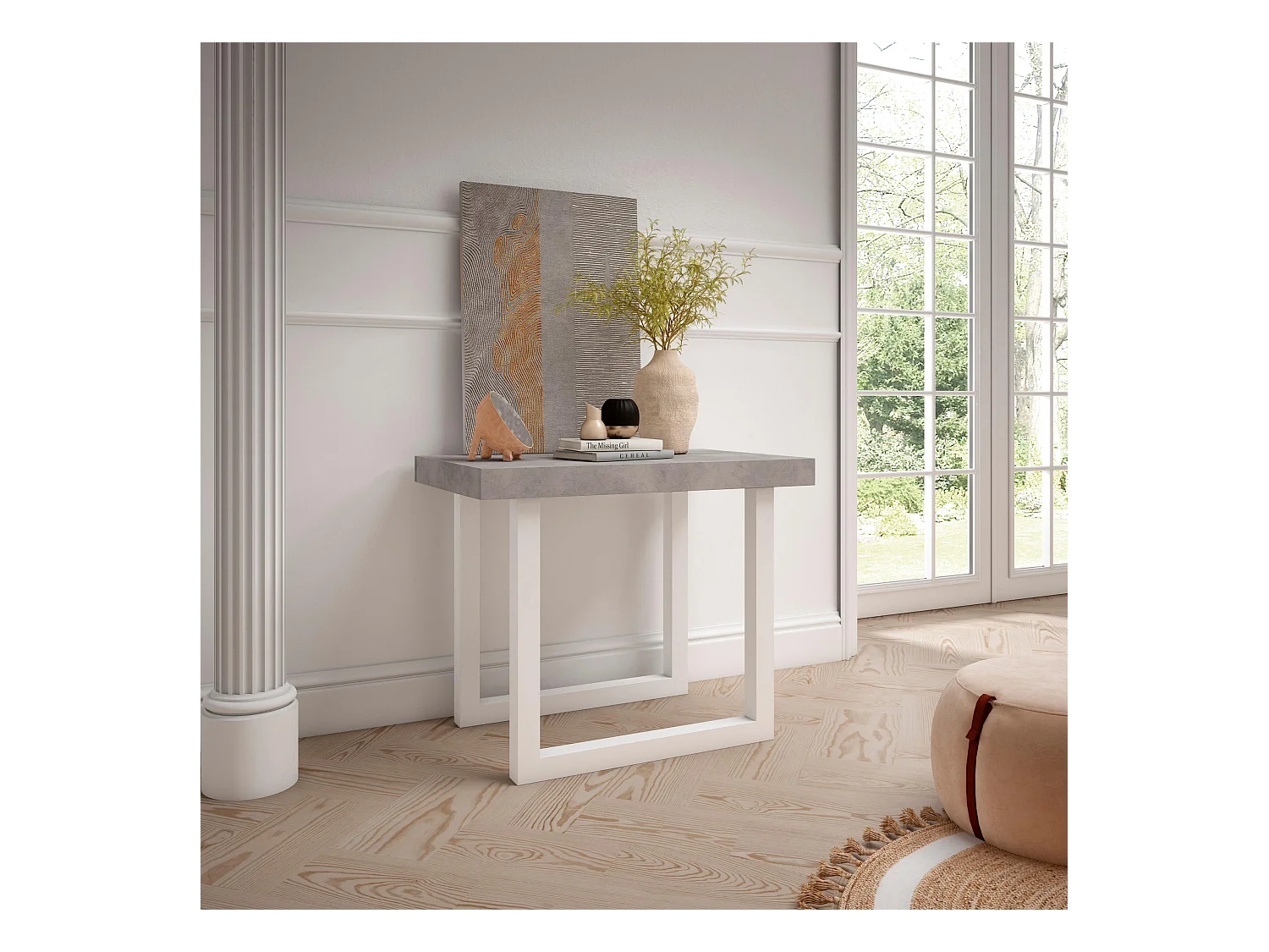 Uitschuifbare Consoletafel, 302x90x73cm, Voor 14 personen, Massief houten poten, Cement