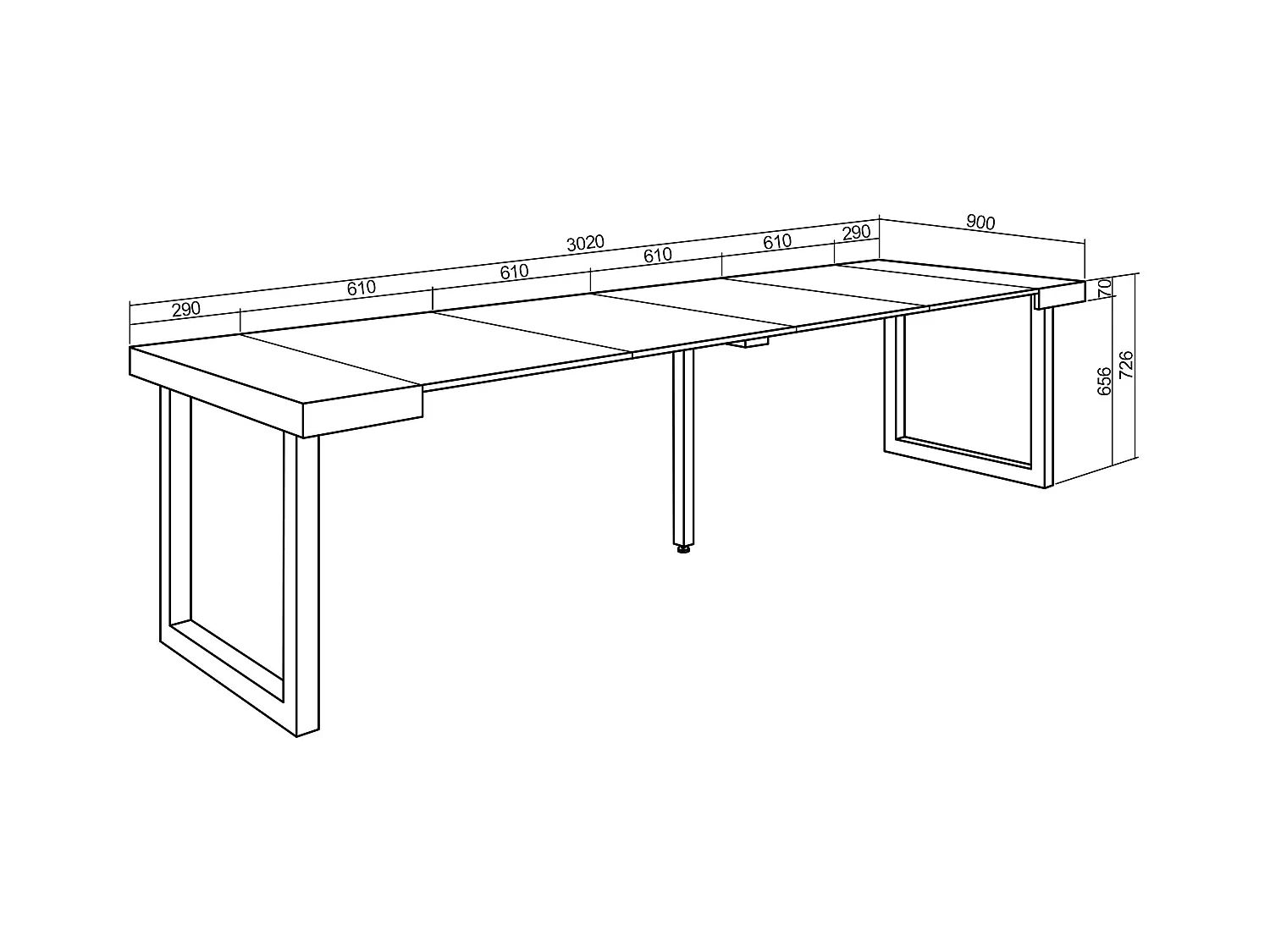 Uitschuifbare Consoletafel, 302x90x73cm, Voor 14 personen, Massief houten poten, Cement