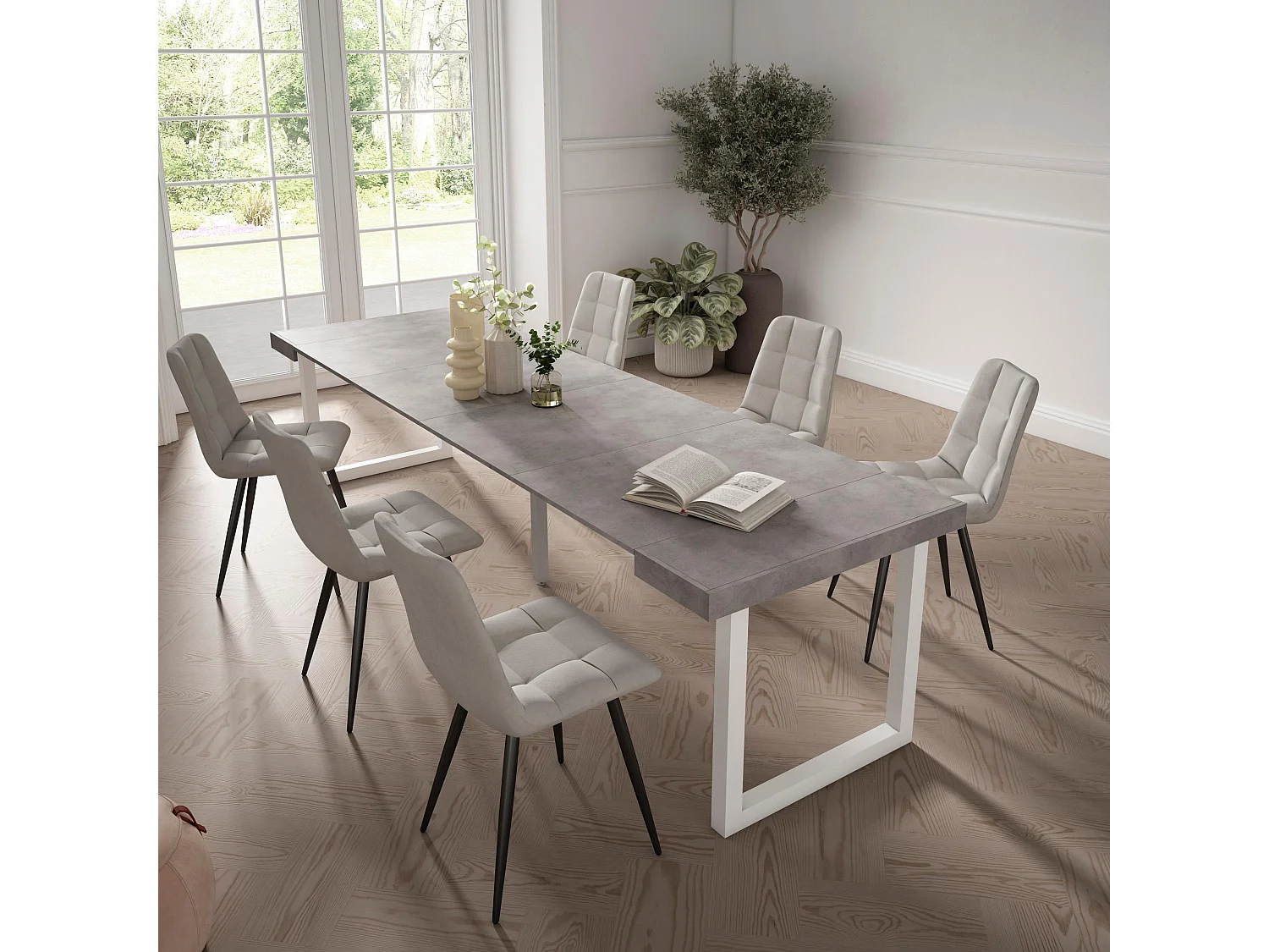 Table console extensible, 302x90x73cm, Pour 14 personnes, Pieds bois massif, Ciment