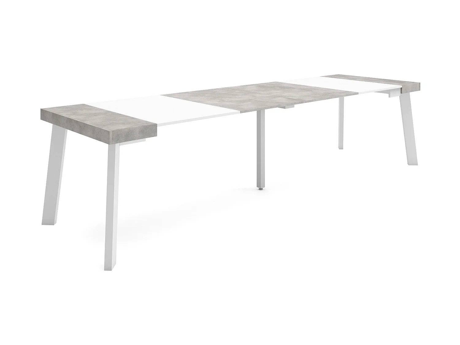Table console extensible, 302x90x73cm, Pour 14 personnes, Pieds en bois, Blanc et ciment