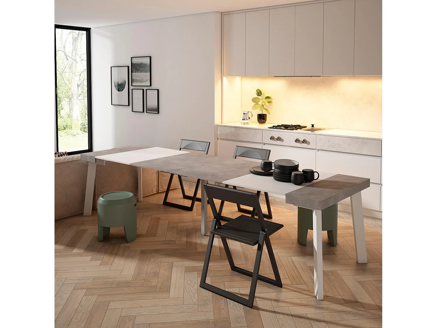 Table console extensible, 302x90x73cm, Pour 14 personnes, Pieds en bois, Blanc et ciment