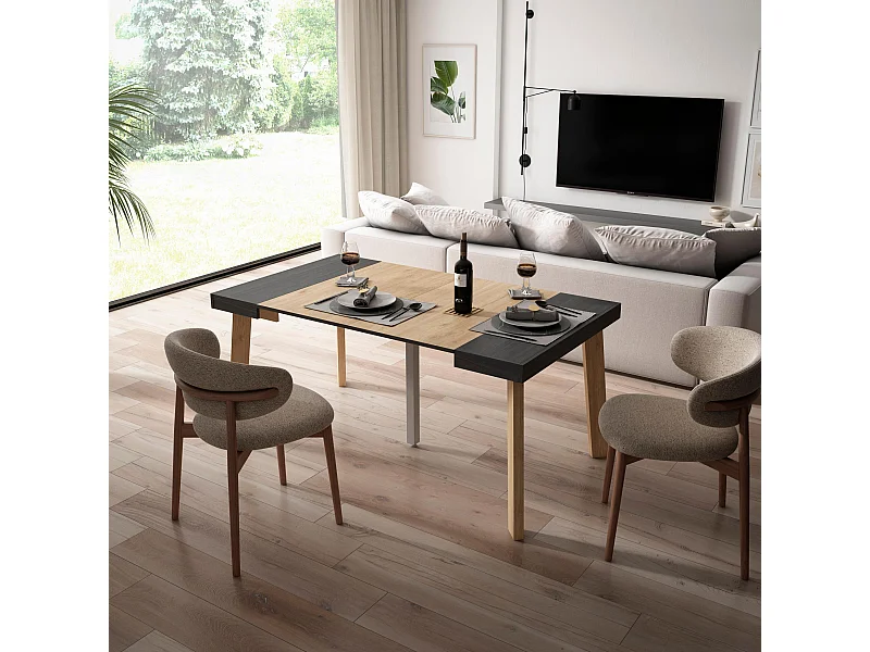 Uitschuifbare Consoletafel, 160x90x73cm, Voor 8 personen, Houten poten, Zwart/Eiken