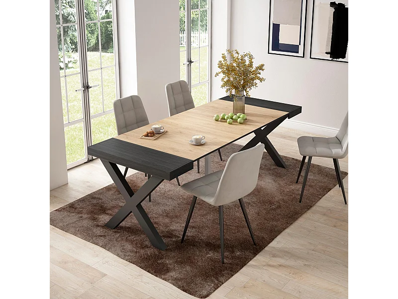 Uitschuifbare Consoletafel, 222x90x73cm, Voor 10 personen, Massief houten poten, Eiken/Zwart