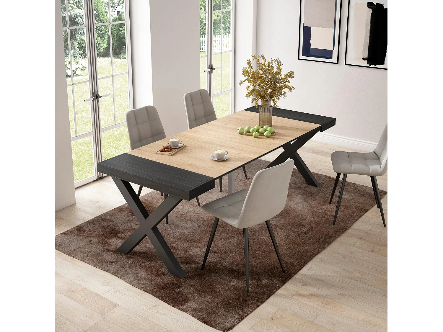 Table console extensible, 222x90x73cm, Pour 10 personnes, Pieds bois massif, Chêne et noir