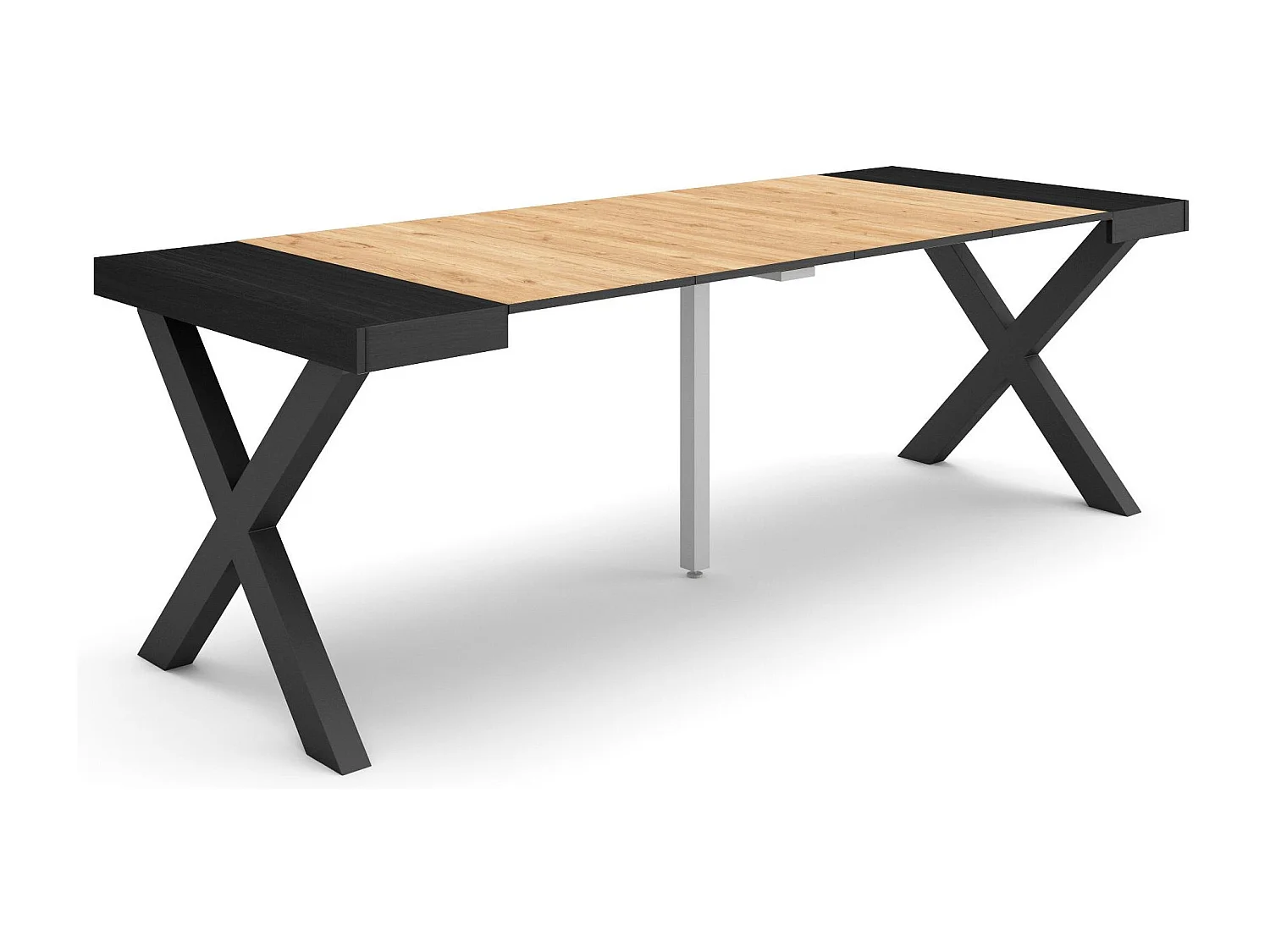 Table console extensible, 222x90x73cm, Pour 10 personnes, Pieds bois massif, Chêne et noir