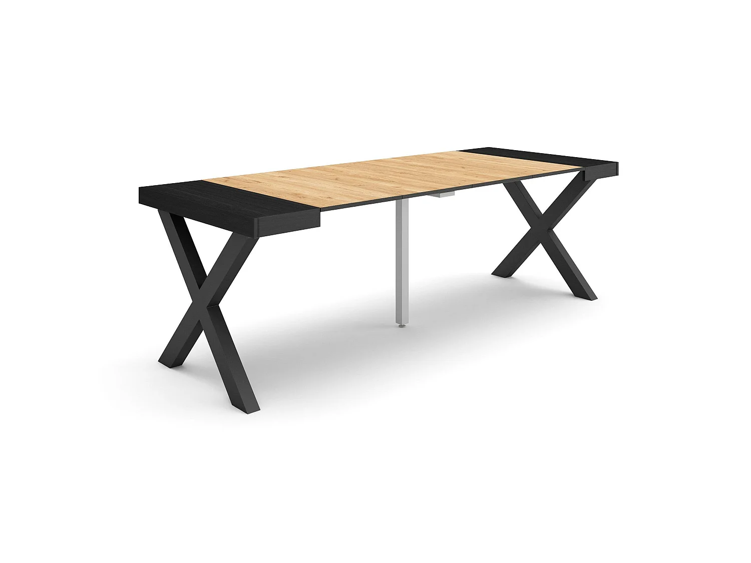 Uitschuifbare Consoletafel, 222x90x73cm, Voor 10 personen, Massief houten poten, Eiken/Zwart