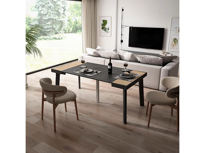 Table console extensible, 180x90x73cm, Pour 8 personnes, Pieds en bois, Chêne et noir