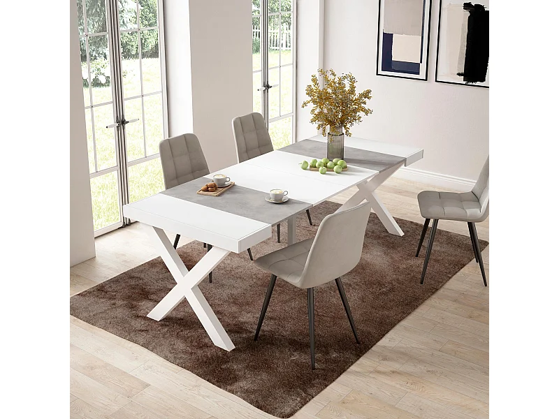Uitschuifbare Consoletafel, 222x90x73cm, Voor 10 personen, Massief houten poten, Wit en Cement