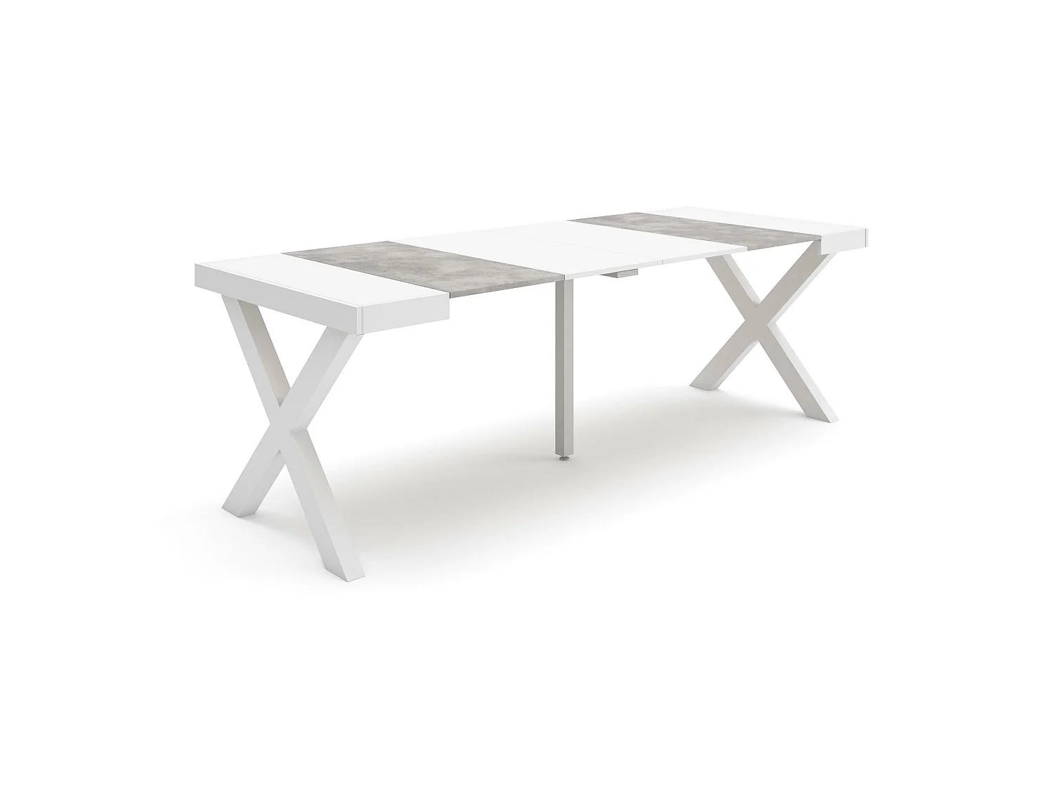 Uitschuifbare Consoletafel, 222x90x73cm, Voor 10 personen, Massief houten poten, Wit en Cement