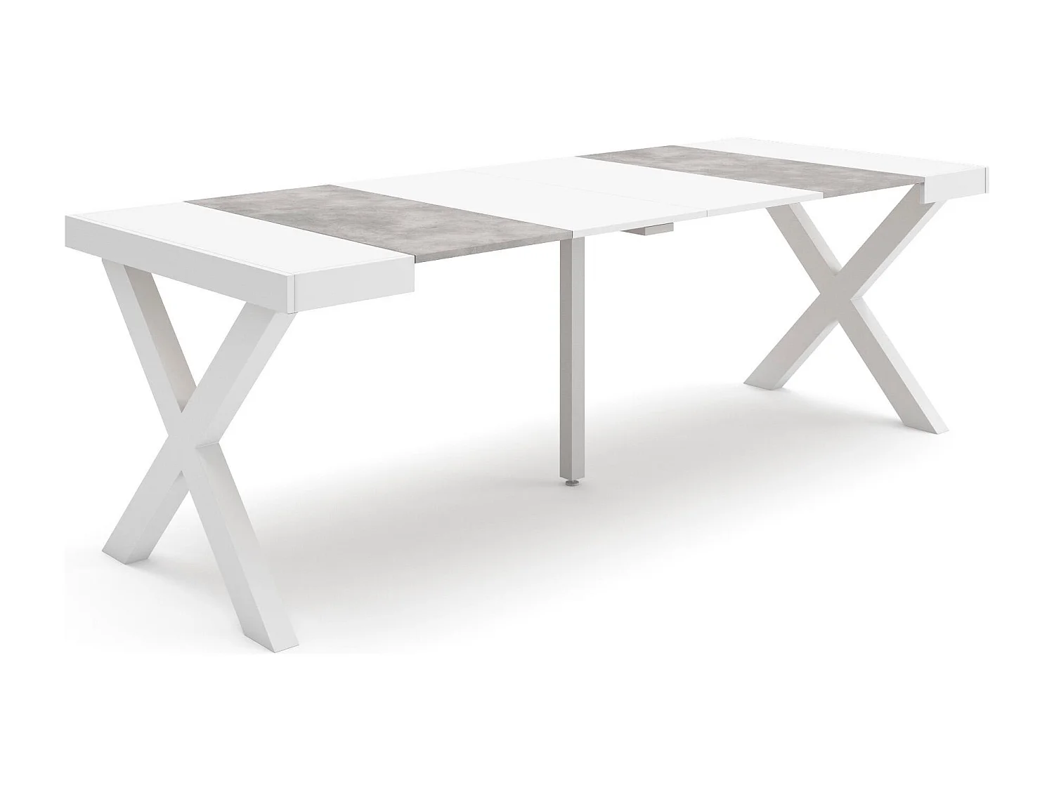 Table console extensible, 222x90x73cm, Pour 10 personnes, Pieds bois massif, Blanc et ciment