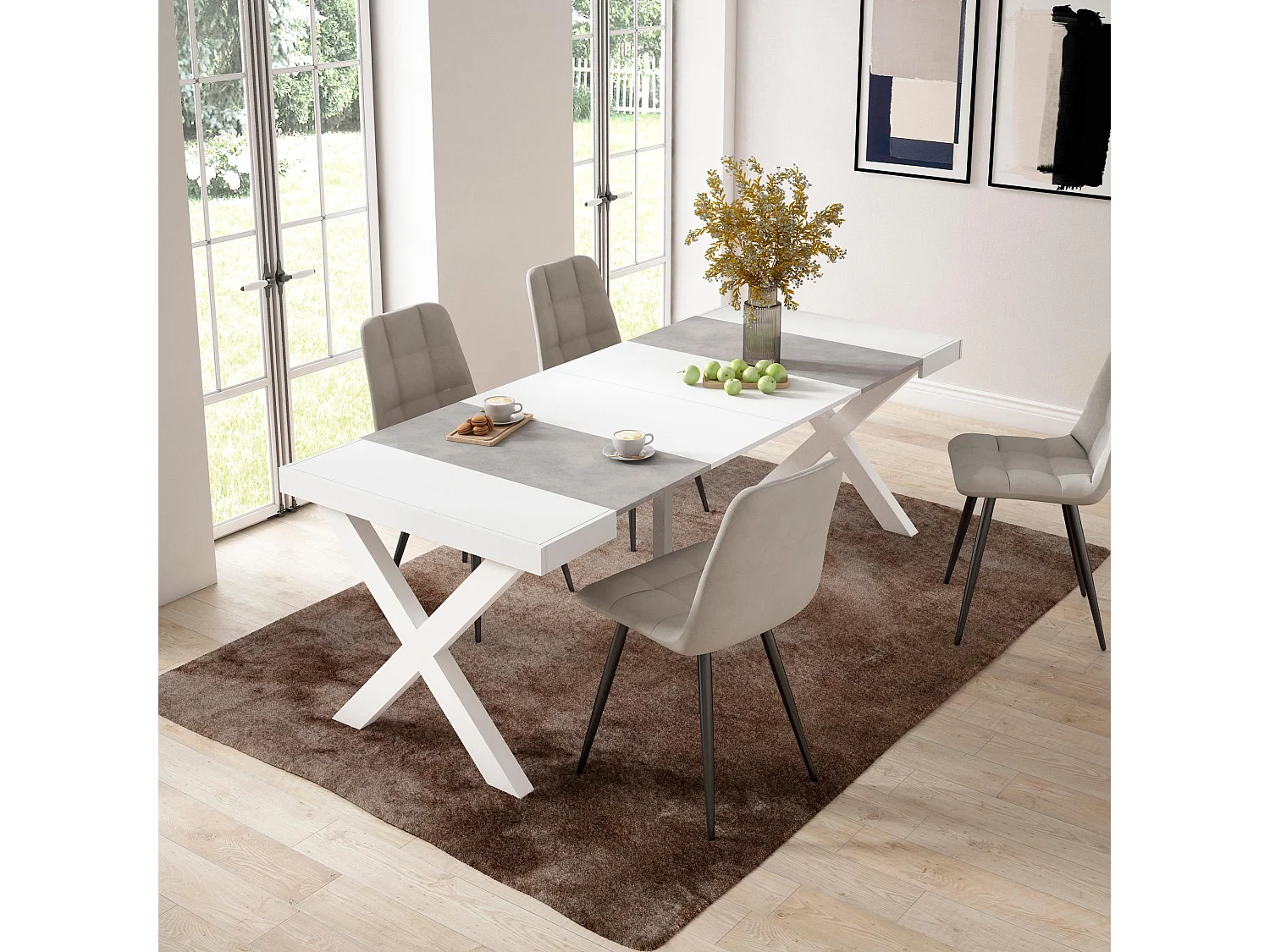 Table console extensible, 222x90x73cm, Pour 10 personnes, Pieds bois massif, Blanc et ciment