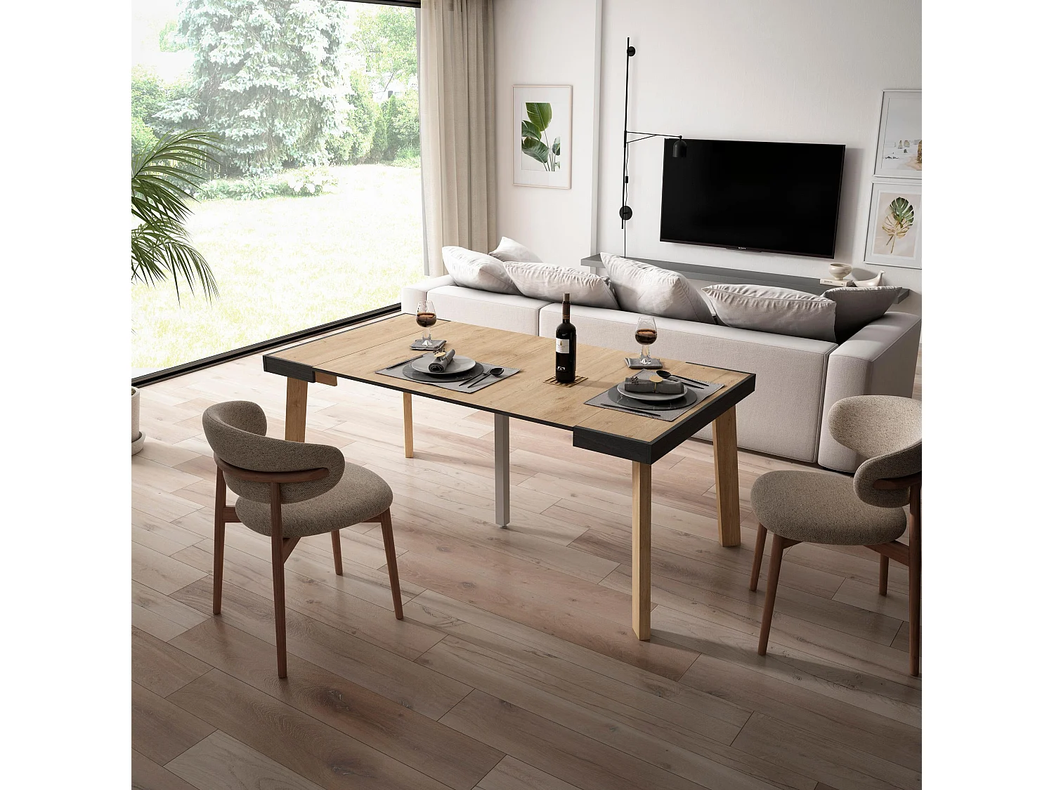 Table console extensible, 180x90x73cm, Pour 8 personnes, Pieds en bois, Chêne