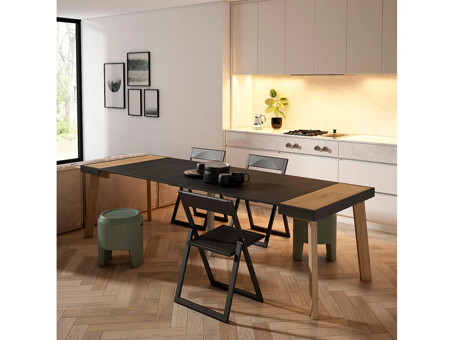 Table console extensible, 262x90x73cm, Pour 12 personnes, Pieds en bois, Chêne et noir