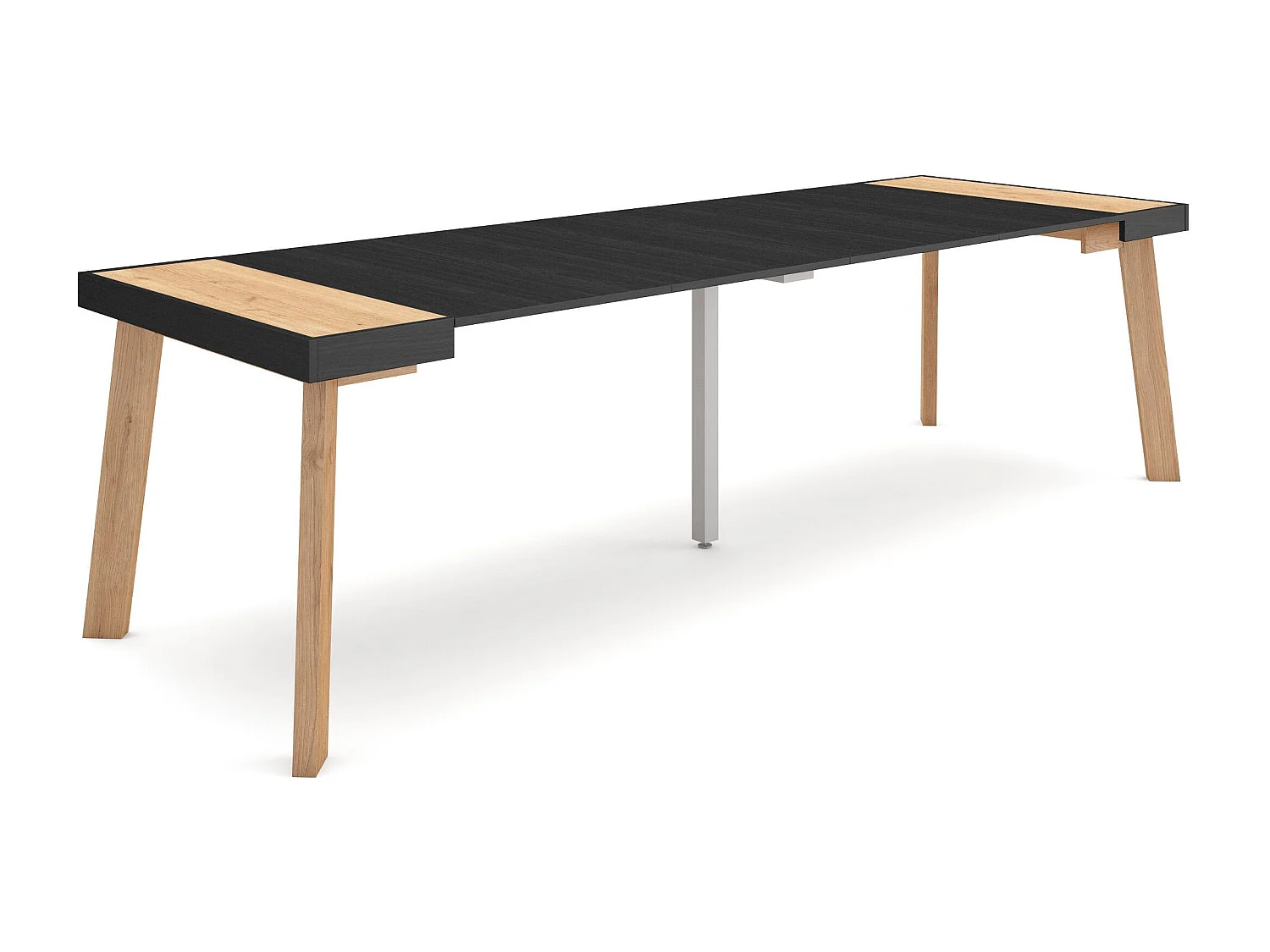 Table console extensible, 262x90x73cm, Pour 12 personnes, Pieds en bois, Chêne et noir