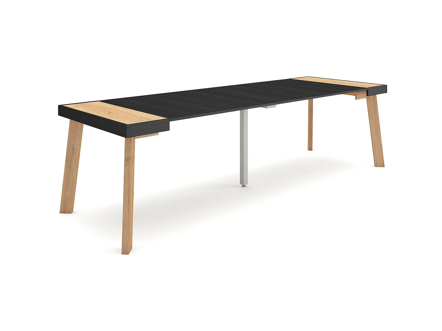 Table console extensible, 262x90x73cm, Pour 12 personnes, Pieds en bois, Chêne et noir