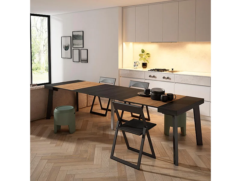 Uitschuifbare Consoletafel, 302x90x73cm, Voor 14 personen, Houten poten, Zwart/Eiken