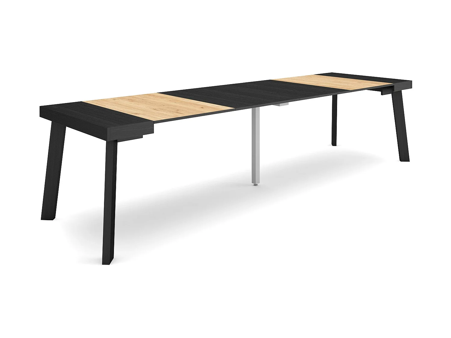 Table console extensible, 302x90x73cm, Pour 14 personnes, Pieds en bois, Noir et chêne