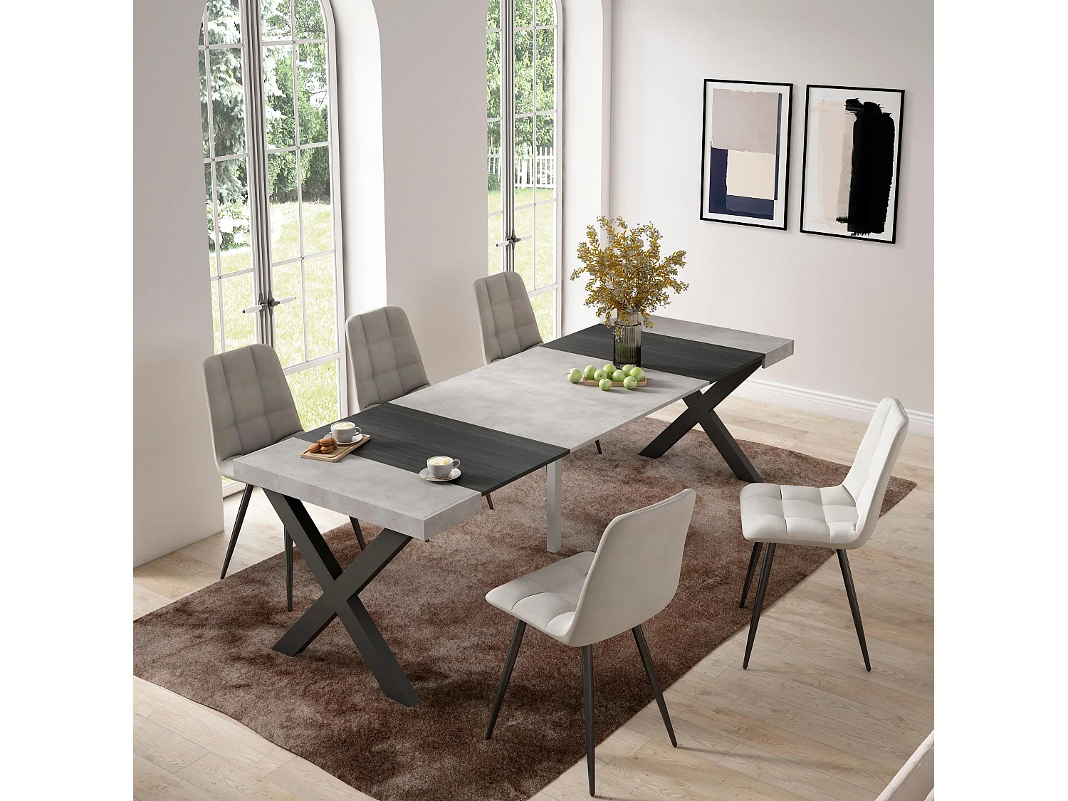 Uitschuifbare Consoletafel, 262x90x73cm, Voor 12 personen, Massief houten poten, Cement