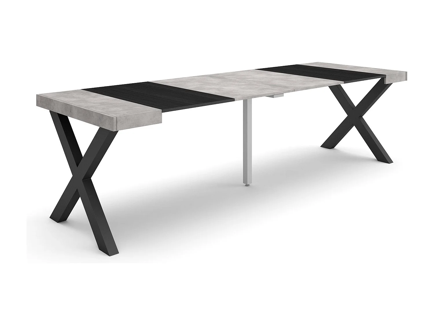 Uitschuifbare Consoletafel, 262x90x73cm, Voor 12 personen, Massief houten poten, Cement