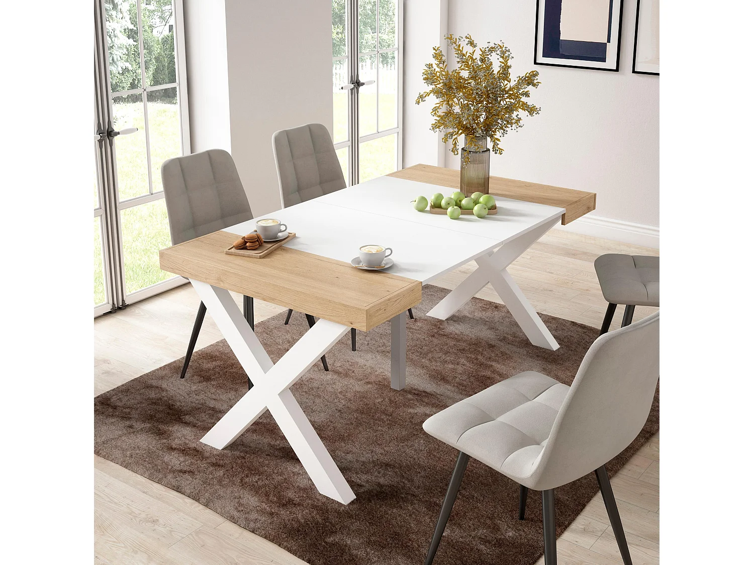 Table console extensible, 160x90x73cm, Pour 8 personnes, Pieds bois massif, Chêne et blanc