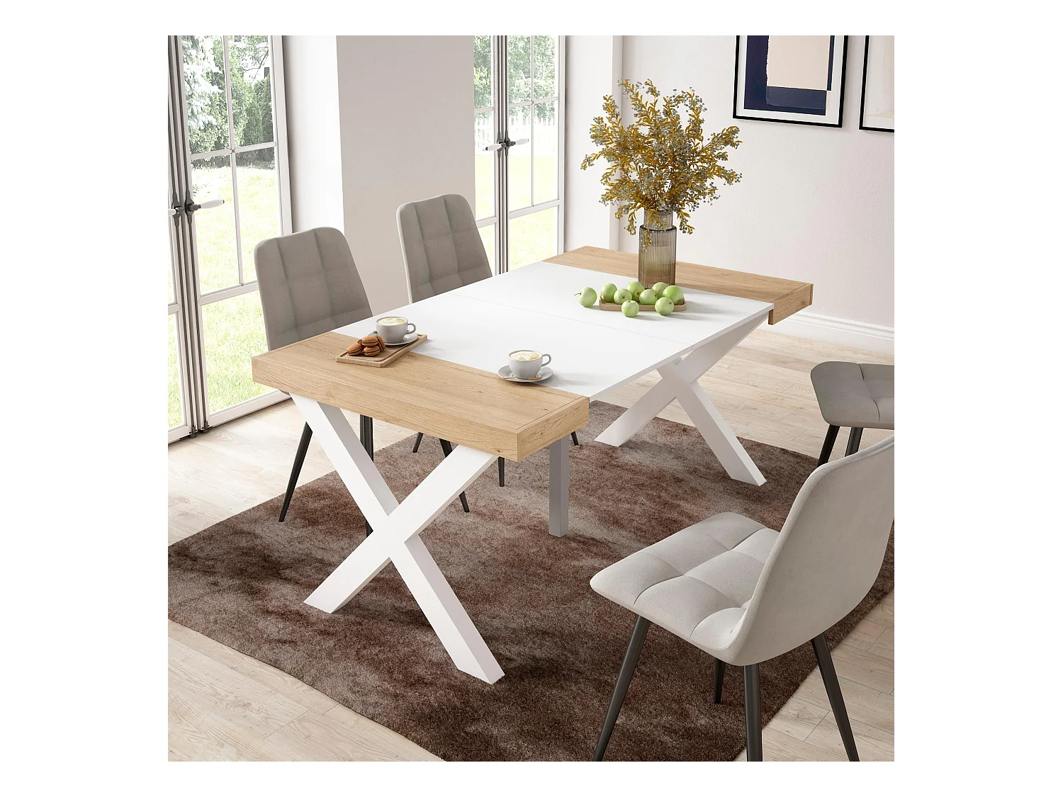 Table console extensible, 160x90x73cm, Pour 8 personnes, Pieds bois massif, Chêne et blanc