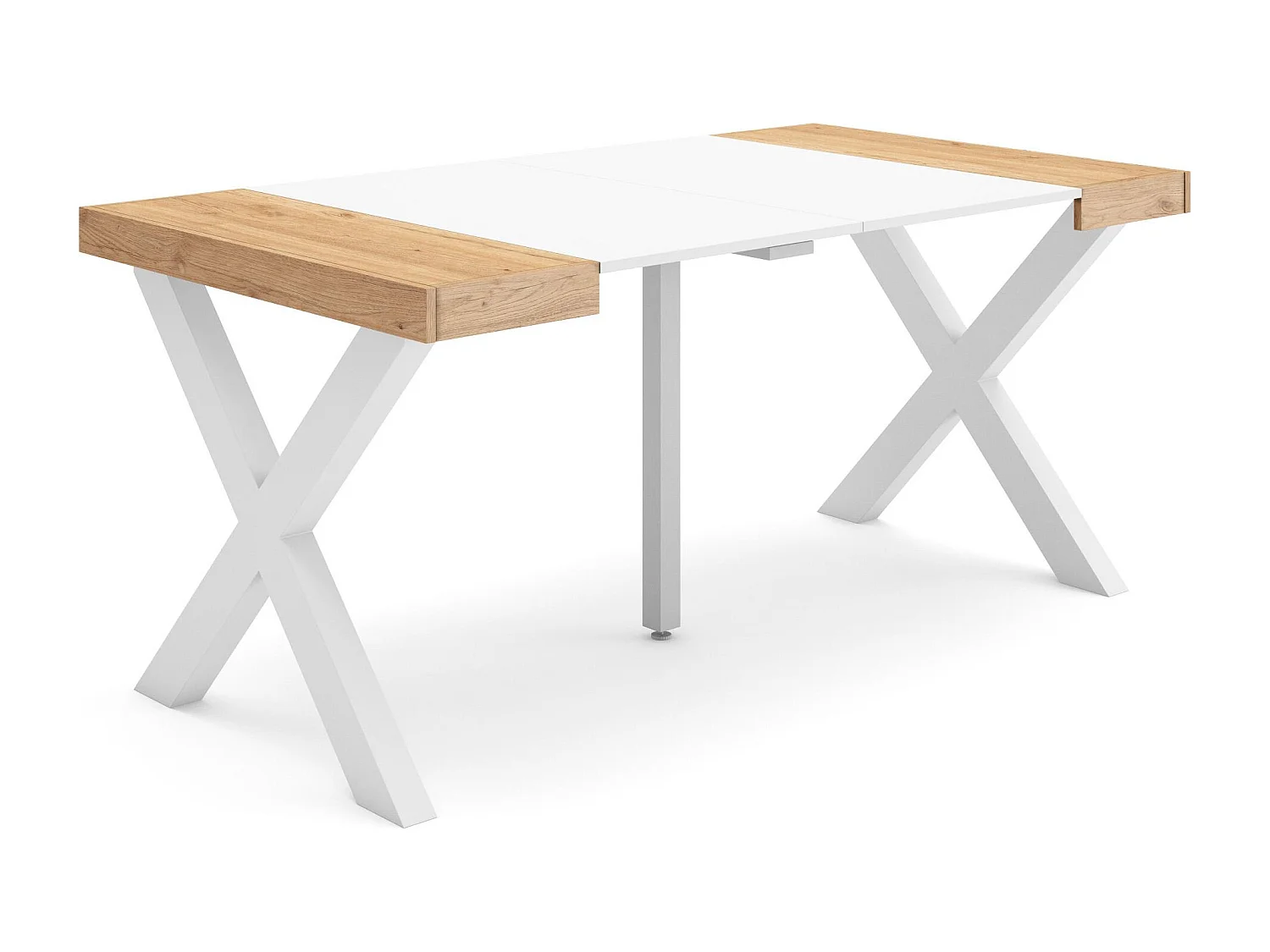 Table console extensible, 160x90x73cm, Pour 8 personnes, Pieds bois massif, Chêne et blanc