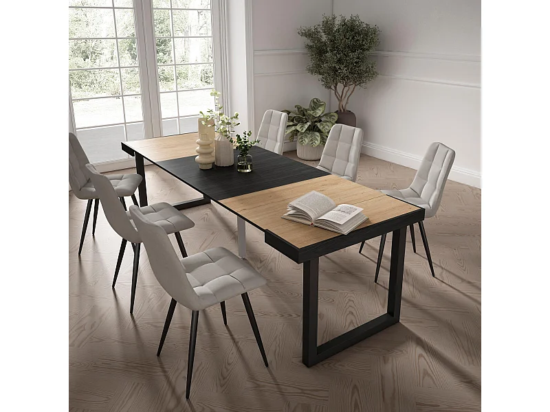 Uitschuifbare Consoletafel, 262x90x73cm, Voor 12 personen, Massief houten poten, Eiken/Zwart