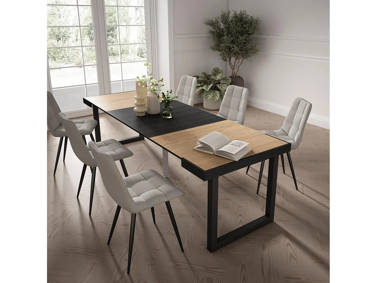 Ausziehbarertisch, 262x90x73cm, Für 12 Gäste, Massivholz Beine, Eiche Schwarz