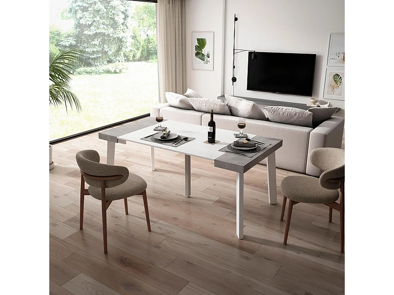 Uitschuifbare Consoletafel, 180x90x73cm, Voor 8 personen, Houten poten, Wit en Cement