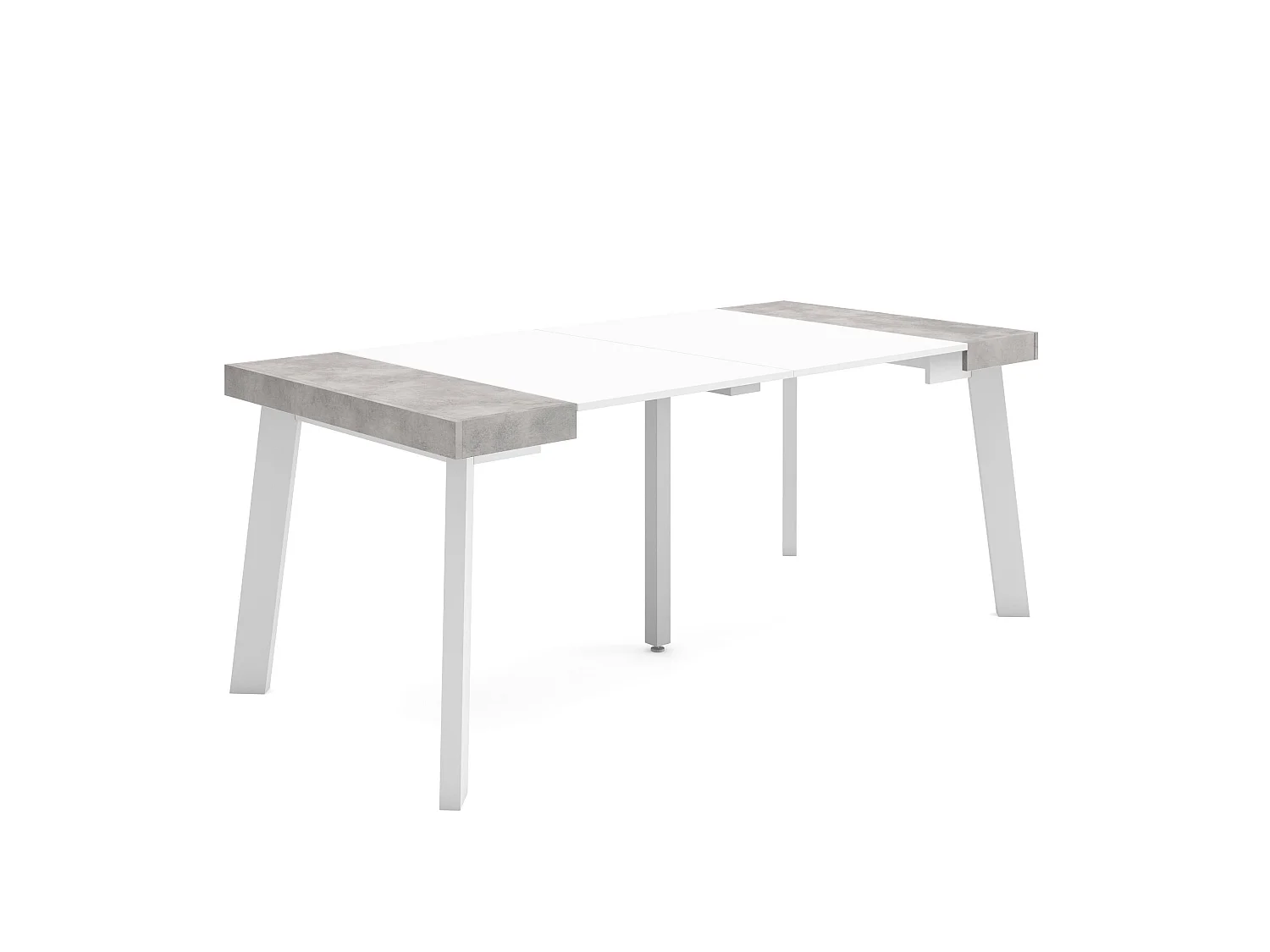 Table console extensible, 180x90x73cm, Pour 8 personnes, Pieds en bois, Blanc et ciment