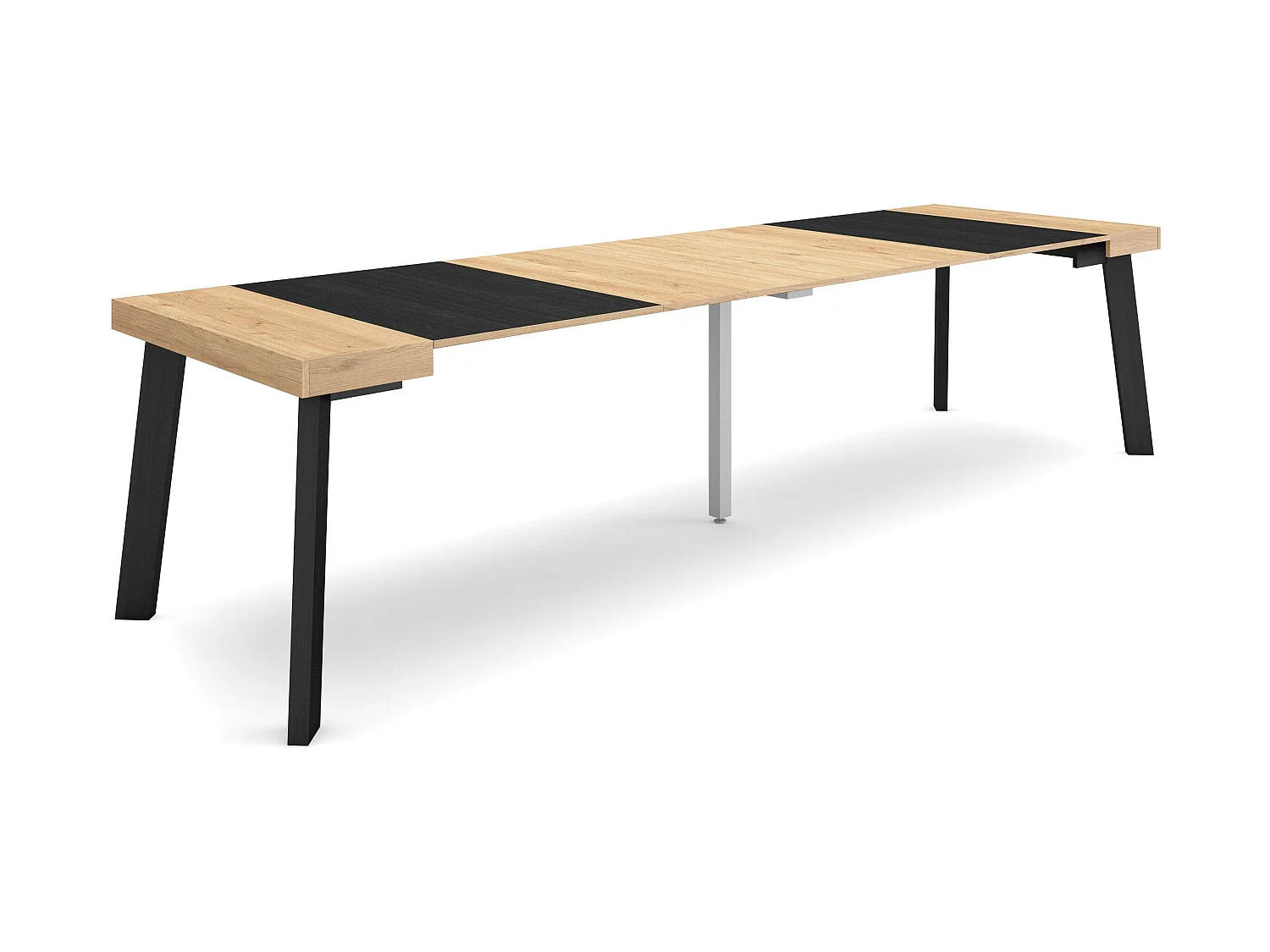 Table console extensible, 302x90x73cm, Pour 14 personnes, Pieds en bois, Chêne et noir