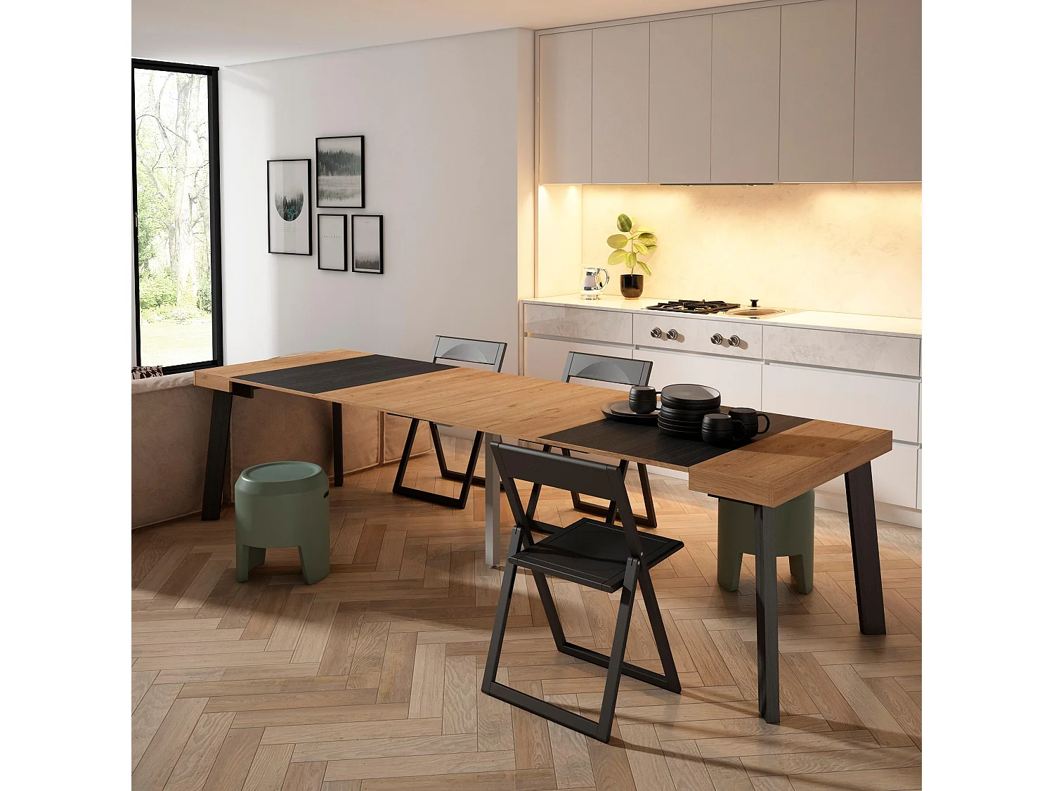 Table console extensible, 302x90x73cm, Pour 14 personnes, Pieds en bois, Chêne et noir