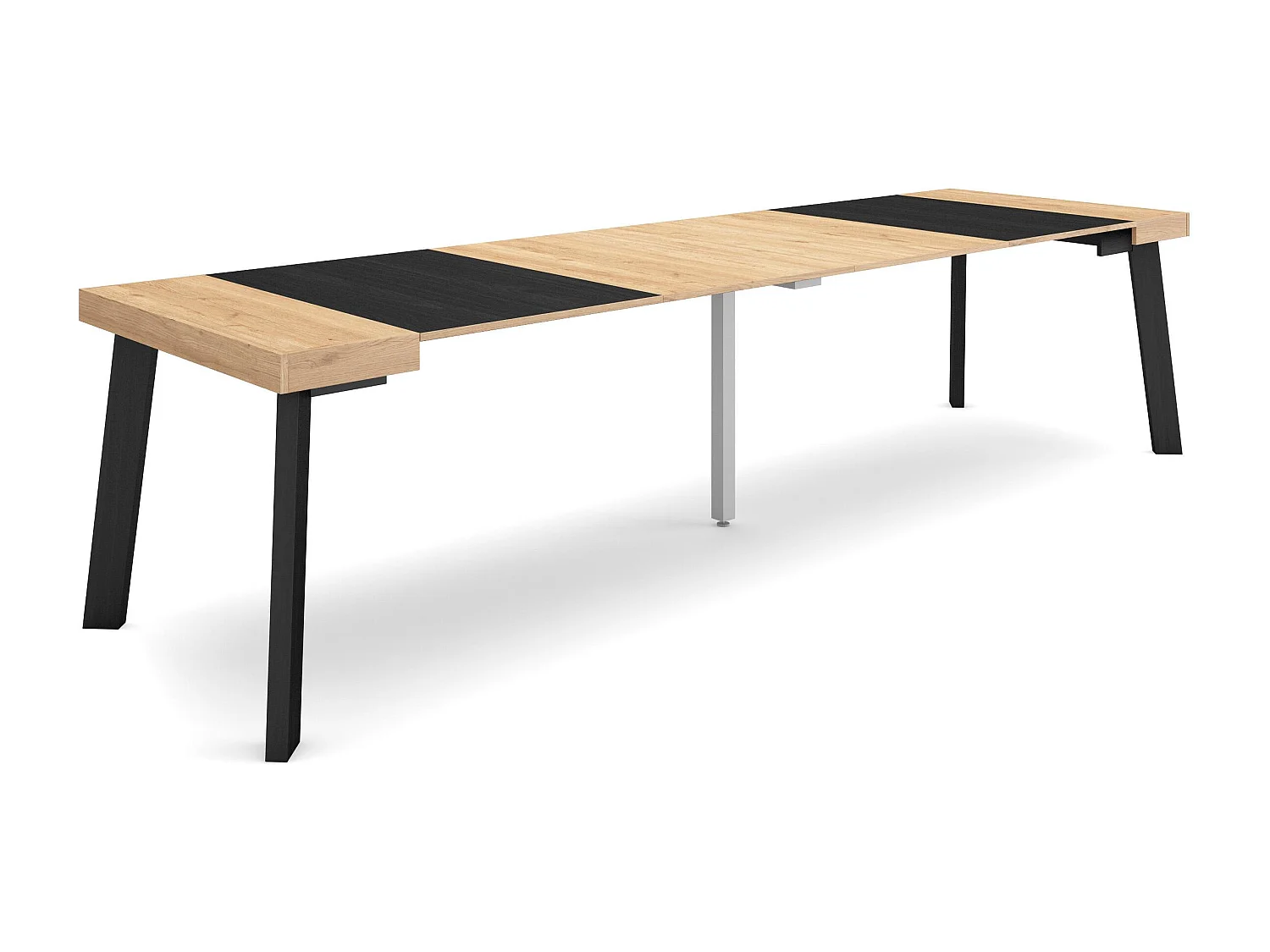 Table console extensible, 302x90x73cm, Pour 14 personnes, Pieds en bois, Chêne et noir
