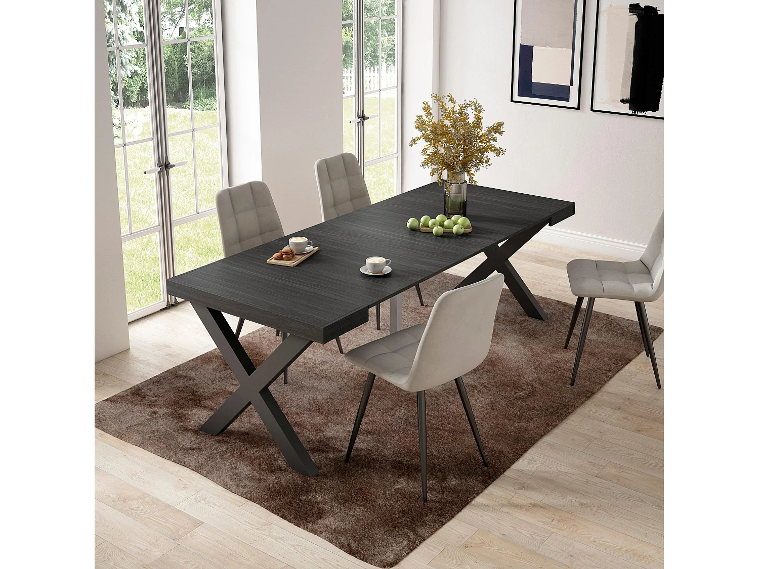 Ausziehbarertisch, 222x90x73cm, Für 10 Gäste, Massivholz Beine, Schwarz