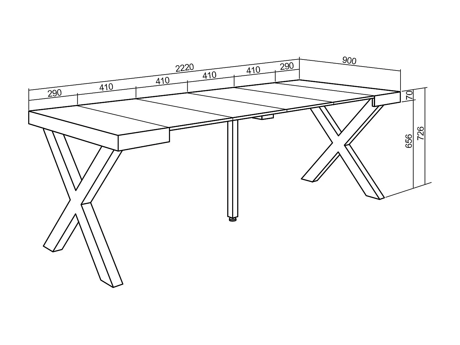Ausziehbarertisch, 222x90x73cm, Für 10 Gäste, Massivholz Beine, Schwarz
