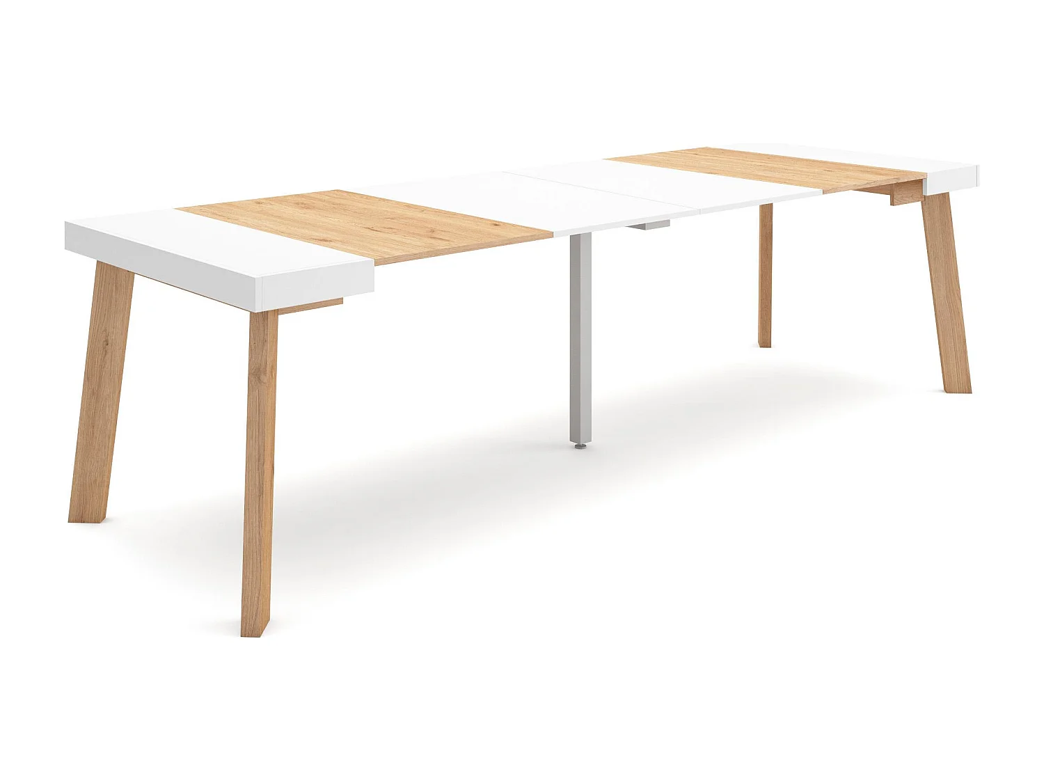 Table console extensible, 302x90x73cm, Pour 14 personnes, Pieds en bois, Chêne et blanc