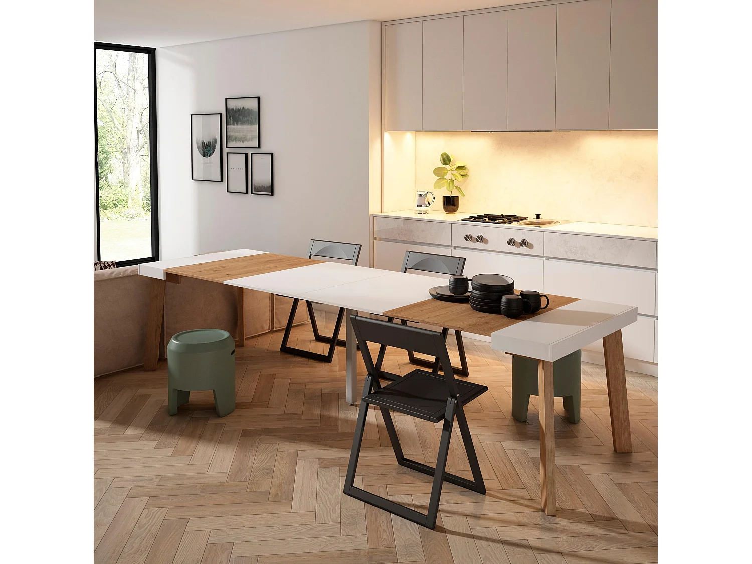 Table console extensible, 302x90x73cm, Pour 14 personnes, Pieds en bois, Chêne et blanc