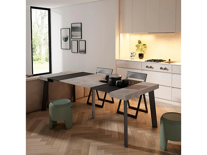 Table console extensible, 222x90x73cm, Pour 10 personnes, Pieds en bois, Ciment