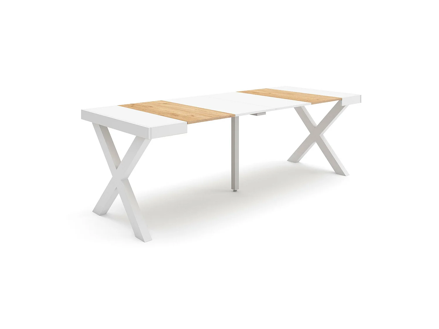 Table console extensible, 222x90x73cm, Pour 10 personnes, Pieds bois massif, Chêne et blanc