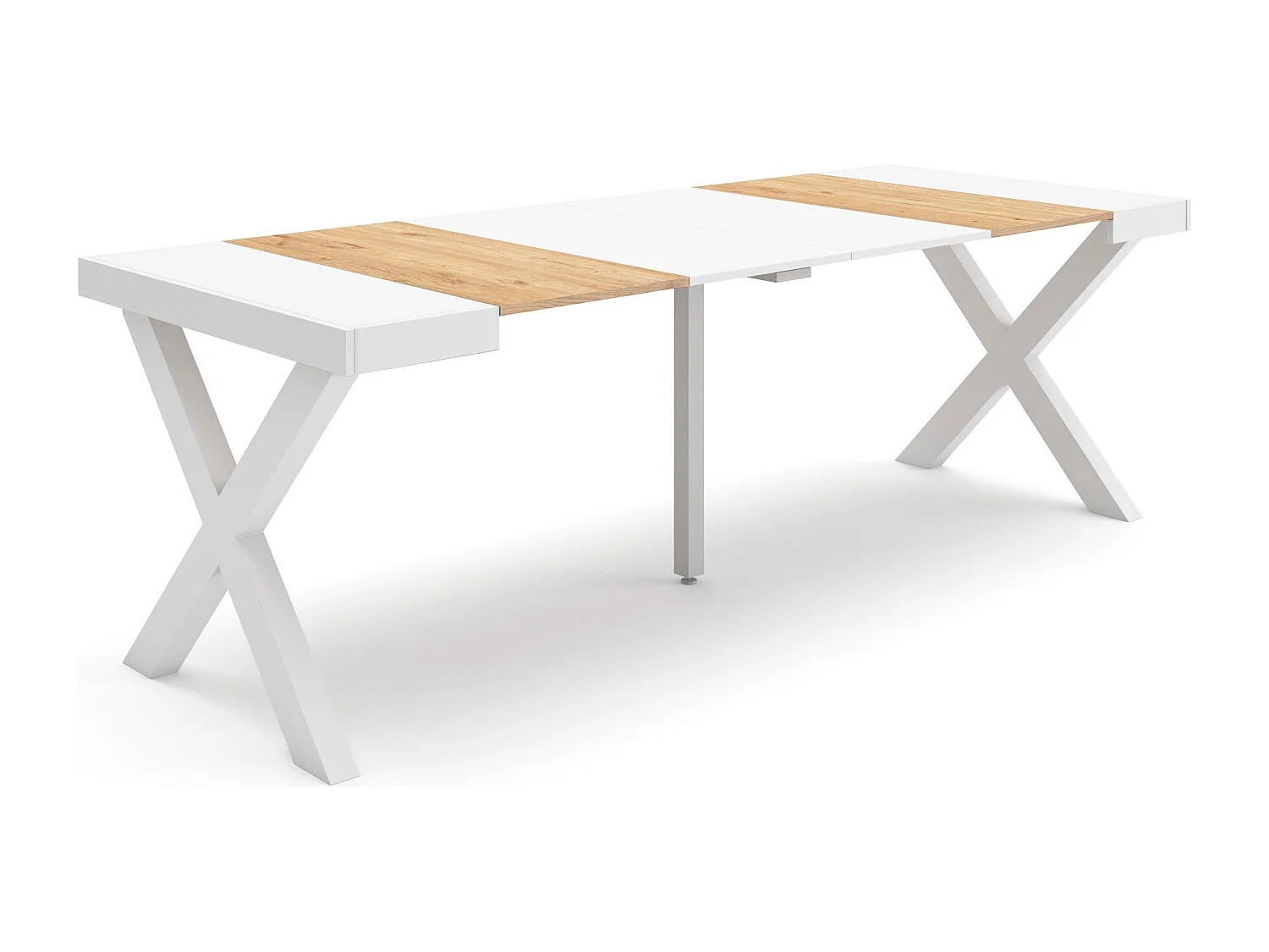 Uitschuifbare Consoletafel, 222x90x73cm, Voor 10 personen, Massief houten poten, Eiken/Wit