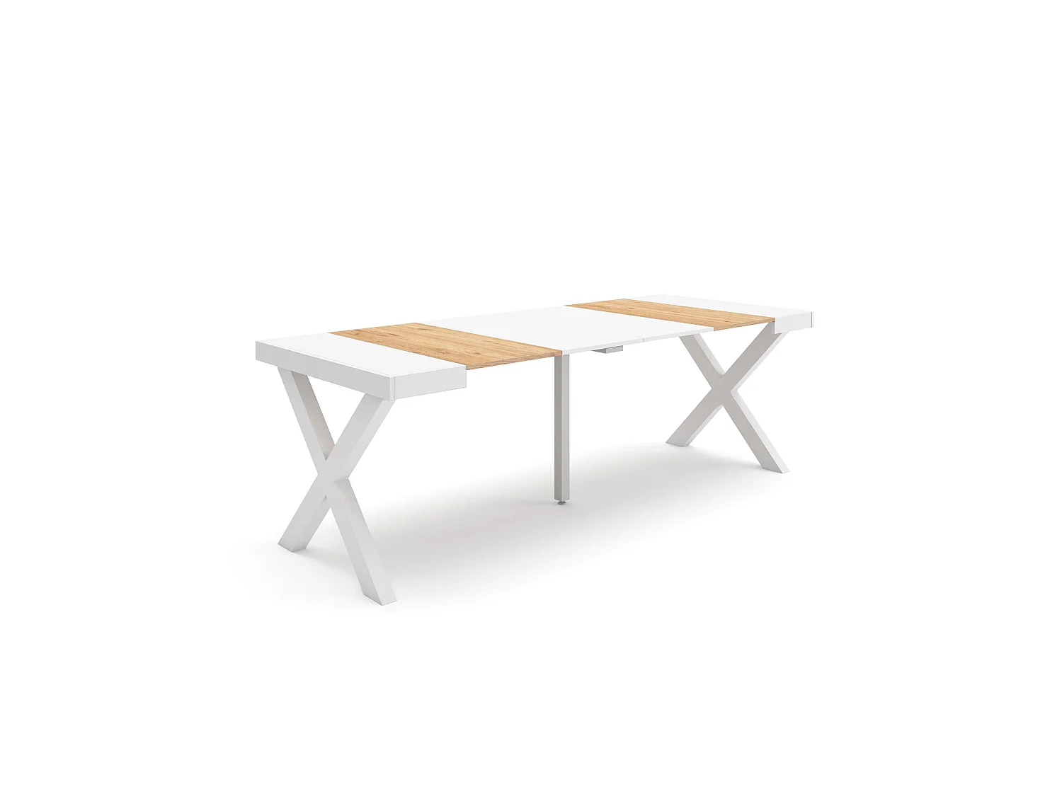 Table console extensible, 222x90x73cm, Pour 10 personnes, Pieds bois massif, Chêne et blanc