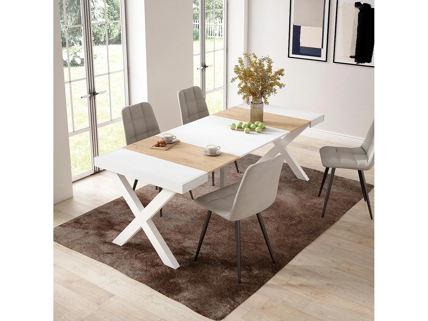 Table console extensible, 222x90x73cm, Pour 10 personnes, Pieds bois massif, Chêne et blanc
