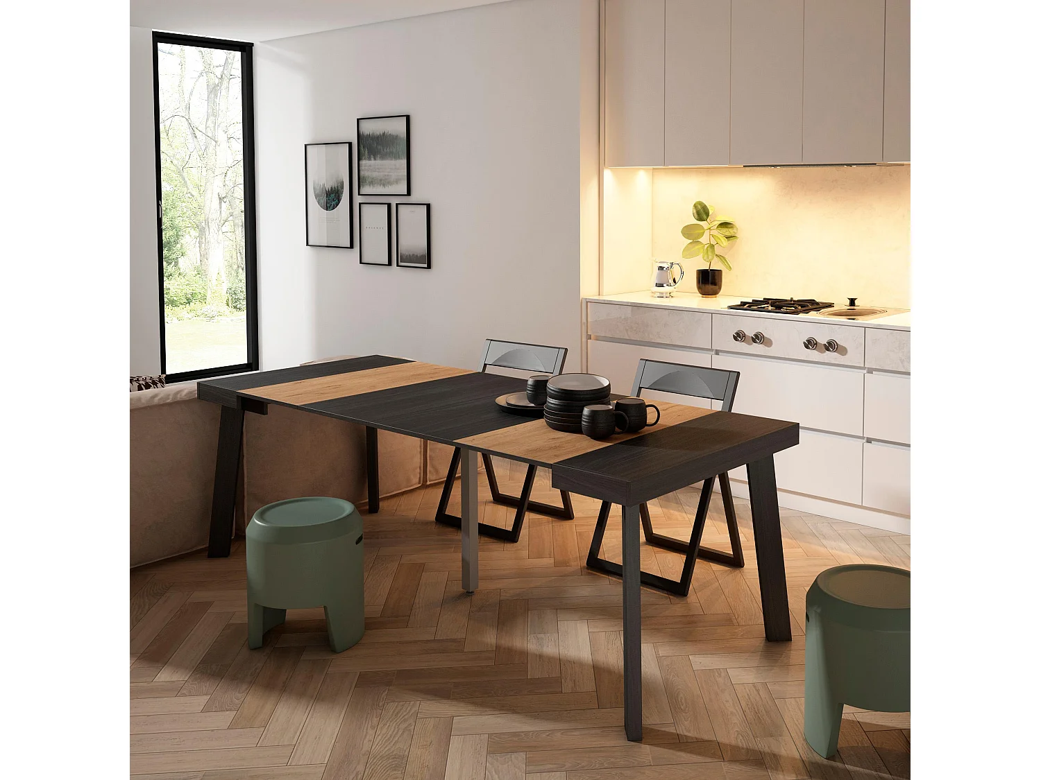 Table console extensible, 222x90x73cm, Pour 10 personnes, Pieds en bois, Chêne et noir