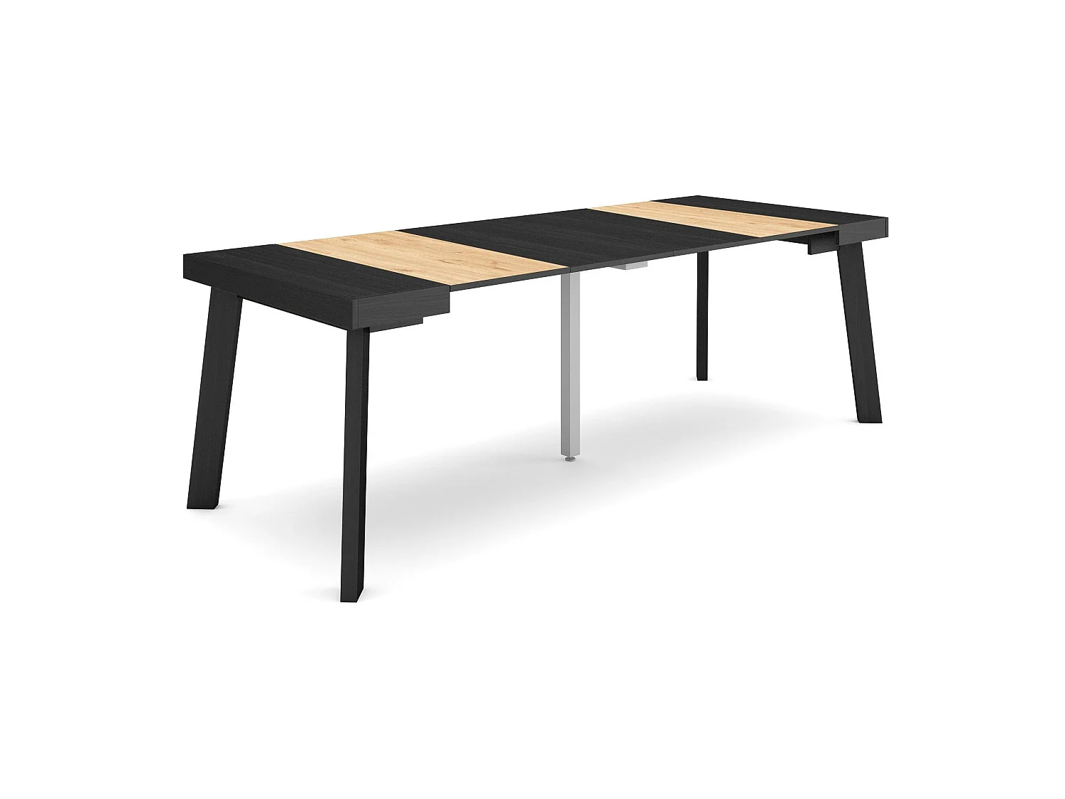 Table console extensible, 222x90x73cm, Pour 10 personnes, Pieds en bois, Chêne et noir