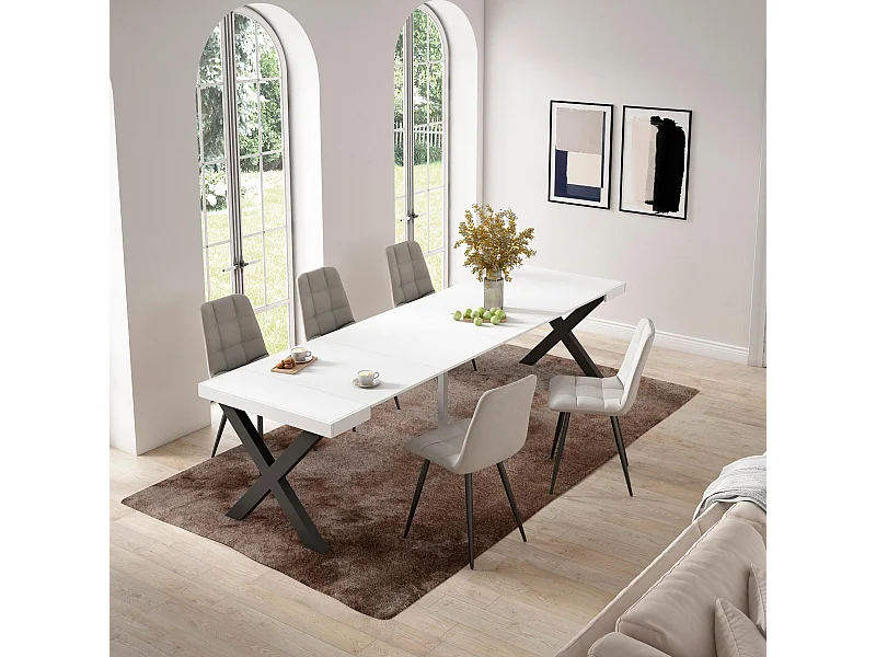 Ausziehbarertisch, 302x90x73cm, Für 14 Gäste, Massivholz Beine, Weiß